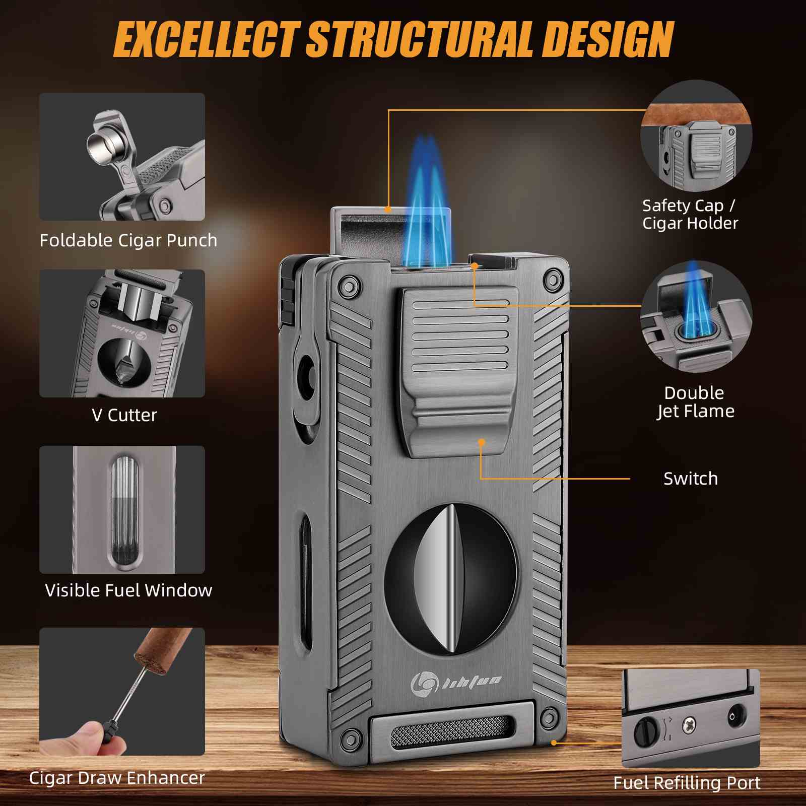 Double Jet Flame Torch Lighter with V Cut